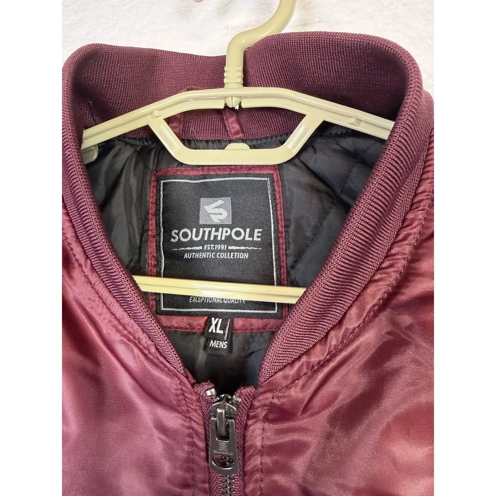 Southpole Mens Bomber Jacket Full Zip Puffer Coat Sz XL Y2K Burgundy Satin